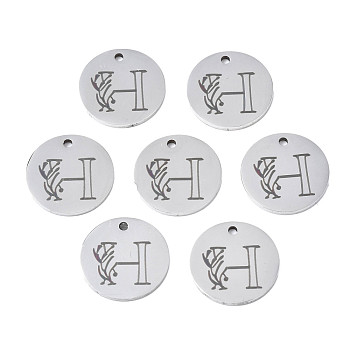 304 Stainless Steel Charms, Laser Cut, Designed Letter Engraved, Flat Round, Stainless Steel Color, Letter.H, 14x1mm, Hole: 1.2mm