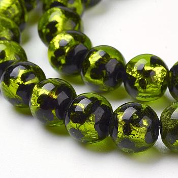 Handmade Silver Foil Lampwork Beads Strands, Polka Dot Pattern, Round, Green Yellow, 10mm, Hole: 2mm, 39pcs/strand, 14.37 inch