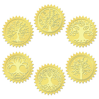 6 Patterns Aluminium-foil Paper Adhesive Embossed Stickers, For Envelope Seal, Tree of Life, 165x211mm, Stickers: 50mm, 12 sheets/set