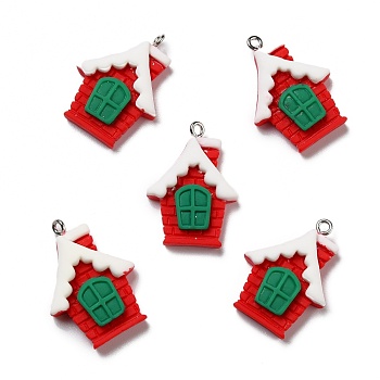 Opaque Resin Pendants, with Platinum Tone Iron Loops, Christmas Theme, House, Red, 29x21.5x6mm, Hole: 2mm