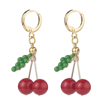 Natural Mashan Jade & Glass Seed Beaded Cherry Dangle Leverback Earrings, Brass Wire Wrap Jewelry for Women, Red, 42mm, Pin: 0.85mm