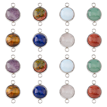 Unicraftale 16Pcs 8 Styles Natural & Synthetic Mixed Gemstone Connector Charms, Half Round Links, with Stainless Steel Color Tone 304 Stainless Steel Findings, 14x22x5.5mm, Hole: 2mm, 2pcs/style