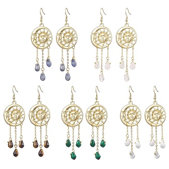 Mixed Gemstone Chip & Alloy Dangle Earrings, Moon & Sun Tassel Earrings for Women, 84x26mm