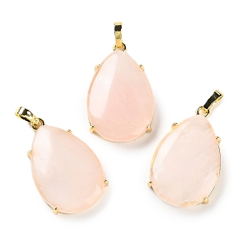 Natural Rose Quartz Pendants, Brass Teardrop Charms, Golden, Cadmium Free & Lead Free, 28.5x18x5~6mm, Hole: 5x4mm