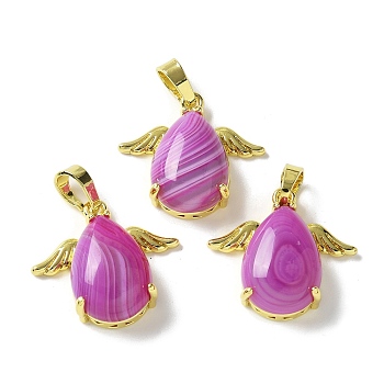 Natural Orchid Banded Agate(Dyed & Heated) Pendants, Teardrop Charms with Golden Tone Brass Wings, Rack Plating, Cadmium Free & Lead Free, 22.5x24.5x9mm, Hole: 7.5x4.5mm