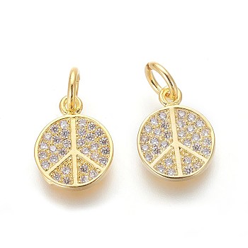 Brass Micro Pave Cubic Zirconia Charms, Lead Free & Cadmium Free, Clear, Peace Sign, Golden, 11x9x2mm, Hole: 3mm