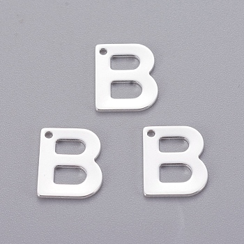 201 Stainless Steel Charms, Letter, Silver Color Plated, Letter.B, 11x9x0.7mm, Hole: 1mm