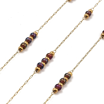 Purple Rondelle Glass Beaded Link Chains, with 304 Stainless Steel Paperclip Chains, Soldered, with Spool, Golden, 3x2mm, 2mm, about 32.81 Feet(10m)/Roll