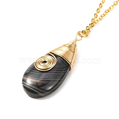 Collier pendentif en agate noire naturelle en fil de laiton enveloppé de larme et boucles d'oreilles pendantes(SJEW-JS01219)-4