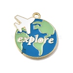 Alloy with Enamel Pendants, Globe with Airplane Charms, Light Gold, Green, 24x22.5x1mm, Hole: 2mm(AL-CBA91FD-01D)