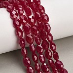 Lab Grown Red Corundum Beads Strands, Faceted, Flat Oval, 9x7x5mm, Hole: 0.5~0.6mm, about 43pcs/strand, 15.24~15.55''(38.7~39.5cm)(GG-CBAC488-01D)