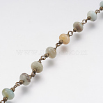 Natural Flower Amazonite Handmade Beaded Chain, Unwelded, with Iron Eye Pin and Iron Beads, Antique Bronze, 39.37 inch(1m)/strand(AJEW-JB00396-01)