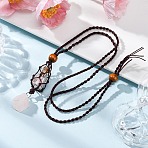 Natural Rose Quartz Macrame Pouch Pendant Nylon Cord Adjustable Necklaces, 26.61 inch(67.6cm)(NJEW-JN05345-02)