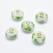 Handmade Polymer Clay European Beads, with Silver Color Plated Brass Cores, Large Hole Beads, Rondelle with Flower Pattern, Lime, 13~16x8~11mm, Hole: 4.5~5mm(CLAY-K002-A29)