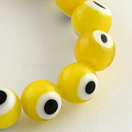 Round Handmade Evil Eye Lampwork Beads Strands, Gold, 8mm, Hole: 1mm, about 48pcs/strand, 13.7 inch(LAMP-R114-8mm-01)