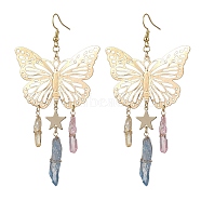 Natural Quartz Crystal Nuggets Dangle Earrings, Iron Butterfly Filigree Pendants with Brass Earring Hooks, Golden, 93~95x50mm(EJEW-TA00569)