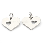 304 Stainless Steel Pendants, Heart with Heart, Stainless Steel Color, 12x12.5x1mm, Hole: 3mm.(A-STAS-Q201-T457S)