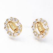 Brass Micro Pave Cubic Zirconia Ear Studs, Long-Lasting Plated, Oval with Virgin Mary, Golden, Clear, 13x11mm, Pin: 0.8mm(EJEW-G279-03G-01)