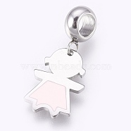 304 Stainless Steel European Dangle Charms, Large Hole Pendants, with Enamel, Girl, Misty Rose, 26mm, Hole: 4mm, Pendant: 16x11x1mm(STAS-O097-03B)