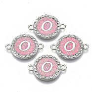 Alloy Enamel Links Connectors, with Crystal Rhinestones, Flat Round with Letter, Silver Color Plated, Letter.O, 22x16x2mm, Hole: 1.8mm(ENAM-TAC0003-01S-03O)