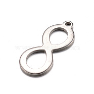 201 Stainless Steel Pendants, Infinity, Stainless Steel Color, 19.5x8x1mm, Hole: 1mm(X-STAS-D429-49)