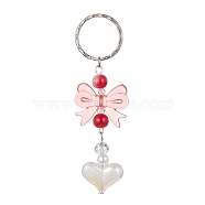 Acrylic Heart with Bowknot Keychains, with Glass Beads and Iron Keychain Clasp, Light Coral, 9.4cm(KEYC-JKC00612-01)