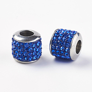 304 Stainless Steel European Beads, with Grade A Rhinestone, Large Hole Beads, Barrel, Stainless Steel Color, Sapphire, 10x9.5mm, Hole: 5mm(STAS-F195-086P-03)