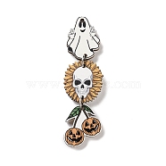 Halloween Theme Wood Big Pendants, Printed Wooden Tassel Charms, with Iron Findings, Ghost, 61x17.5x2.5mm, Hole: 1.6mm(WOOD-Z004-09G)