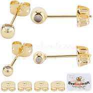 20Pcs 2 Style Brass Stud Earring Findings, Round Bead with Silicone Insert Post with Sterling Silver Pins, 20Pcs Rack Plating Brass Friction Ear Nuts, Real 18K Gold Plated, 15~16x3~4x2.5~3..5mm, Hole: 0.8~0.9mm, Pin: 0.6~0.7mm, 10Pcs/style(EJEW-BBC0001-24G)