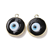 Handmade Lampwork Pendants, with Golden Plated Brass Findings, Cadmium Free & Lead Free, Flat Round with Evil Eye, Black, 21x18x4.5mm, Hole: 1.6mm(LAMP-P057-03G-02)