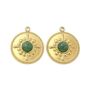 Natural African Jade Pendants, Flat Round Charms, with Vacuum Plating Real 18K Gold Plated 201 Stainless Steel Findings, 17.5x15x3.5mm, Hole: 1.5mm(STAS-J401-VC657)