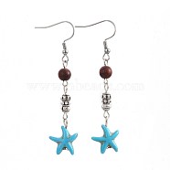 Synthetic Turquoise Dangle Earrings, with Natural Sandalwood and Alloy Beads, 304 Stainless Steel Earring Hooks, Starfish/Sea Stars, 63mm, Pin: 0.7mm(EJEW-JE02976-01)