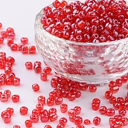 (Repacking Service Available) Glass Seed Beads, Trans. Colours Lustered, Round, Crimson, 6/0, 4mm, Hole: 1.5mm, about 12G/bag(SEED-C015-4mm-105B)