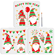 US 1 Set Happy New Year PET Hollow Out Drawing Painting Stencils, for DIY Scrapbook, Photo Album, with 1Pc Art Paint Brushes, for Acrylic Painting Watercolor Oil Gouache, Gnome, Stencils: 300x300mm, 3pcs/set(DIY-MA0002-60B)