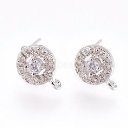 Brass Micro Pave Cubic Zirconia Stud Earring Findings, with Loop, Lead Free & Cadmium Free, Flat Round, Clear, Platinum, 10.5x8x3.5mm, Hole: 1mm, Pin:0.6mm(KK-F753-10P-RS)