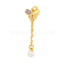 Rack Plating Brass Micro Pave Cubic Zirconia Pendants, with ABS Imitation Pearl Beads, Long-Lasting Plated, Cadmium Free & Lead Free, Teardrop with Butterfly, with Jump Rings, Matte Gold Color, 42x11.5x5mm, Hole: 3.3mm(KK-P277-01MG)