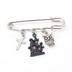 Iron Safety Brooch for Halloween, with Alloy Enamel Pendants, Haunted House & Owl, Black, Antique Silver, 38mm(JEWB-BR00048-01)