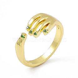 Cubic Zirconia Hand Plam Open Cuff Ring, Golden Brass Jewelry for Women, Lime Green, US Size 6 3/4(17.1mm)(RJEW-P079-06G-03)