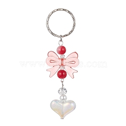 Acrylic Heart with Bowknot Keychains, with Glass Beads and Iron Keychain Clasp, Light Coral, 9.4cm(KEYC-JKC00612-01)