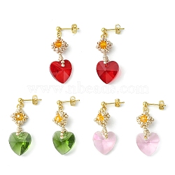 Glass Heart Dangle Stud Earrings, Golden 304 Stainless Steel Earrings, Mixed Color, 33~36x14mm(EJEW-MZ00113)