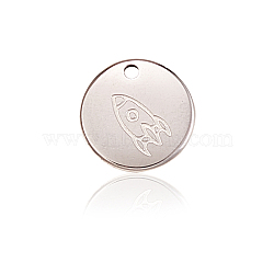 304 Stainless Steel Pendants, Flat Round with Rocket Pattern, Stainless Steel Color, 11.5x1mm, Hole: 1.4mm(STAS-CJC0003-47)