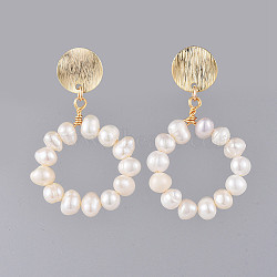 Dangle Stud Earrings, with Natural Pearl Beads, Brass Findings and Plastic Ear Nuts, Flat Round, Golden, 45mm, Pin: 0.7mm(X-EJEW-JE03697-01)