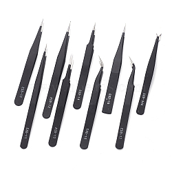 Stainless Steel Beading Tweezers Jewelry Tools, with Canvas Tool Bags, Black, 11.9~14.1x0.85~1.2cm, Packaging Size: 17.7x5.9x2.15cm, 9pcs/set(TOOL-F006-01)