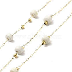 Ion Plating(IP) 316 Surgical Stainless Steel Paperclip Chains, with Natural Howlite Column Beads, Soldered, Real 18K Gold Plated, with Spool, Link: 2.5x1x0.3mm(CHS-I019-12N)