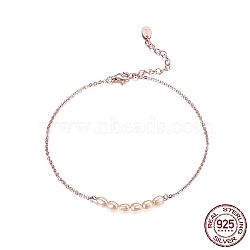 925 Sterling Silver Cable Chain Anklet with Natural Freshwater Pearls, Women's Jewelry for Summer Beach, with S925 Stamp, Real Rose Gold Plated, 8-1/4 inch(21cm)(AJEW-F162-010RG)