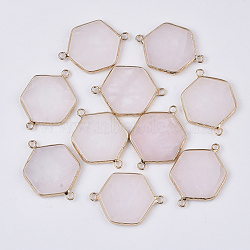 Natural Rose Quartz Links connectors, with Golden Tone Brass Open Back Settings, Hexagon, 35x25x3.5mm, Hole: 2mm(G-S359-053E)