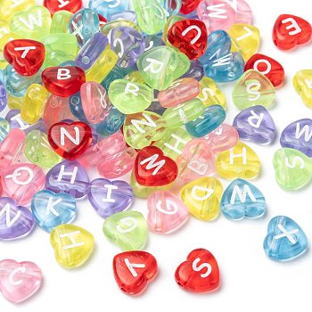 Transparent Acrylic Heart Horizontal Hole Letter Beads, Mixed Color, 10.5x11.5x4.5mm, Hole: 2mm, about 1300pcs/500g