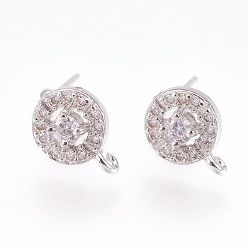 Brass Micro Pave Cubic Zirconia Stud Earring Findings, with Loop, Lead Free & Cadmium Free, Flat Round, Clear, Platinum, 10.5x8x3.5mm, Hole: 1mm, Pin:0.6mm