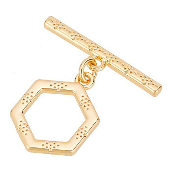 18Pcs Brass Toggle Clasps, Hexagon Ring, Nickel Free, Real 18K Gold Plated, 21mm, Bar: 21x4x1.5mm, hole: 1.4mm, Hexagon: 16x12x1.5mm, hole: 1.4mm