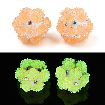 Handmade Luminous Polymer Clay Rhinestone Beads, with Acrylic, Glow in the Dark, Round with Flower, Sandy Brown, 20~21mm, Hole: 1.8mm